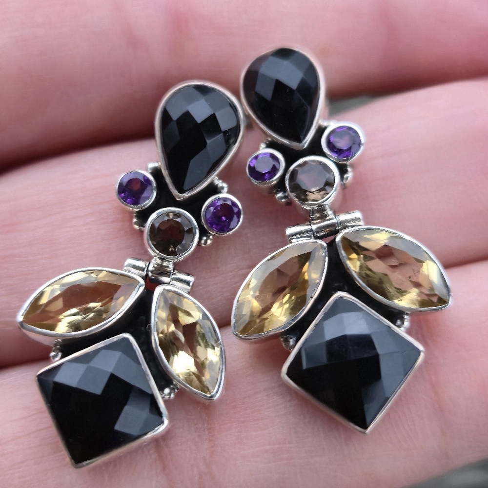 Nicky Butler 925 Sterling Silver Designer Onyx Citrine Amethyst Quartz Earrings - Picture 10 of 13